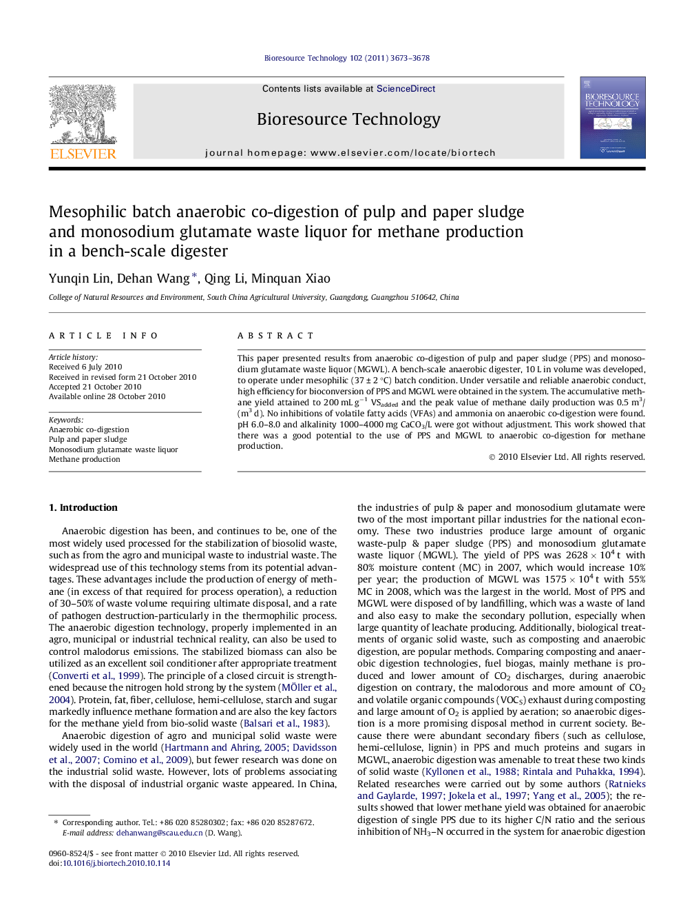 عکس صفحه اول مقاله: Mesophilic batch anaerobic co-digestion of pulp and paper sludge and monosodium glutamate waste liquor for methane production in a bench-scale digester Mesophilic batch anaerobic co-digestion of pulp and paper sludge and monosodium glutamate waste liquor for methane production in a bench-scale digester