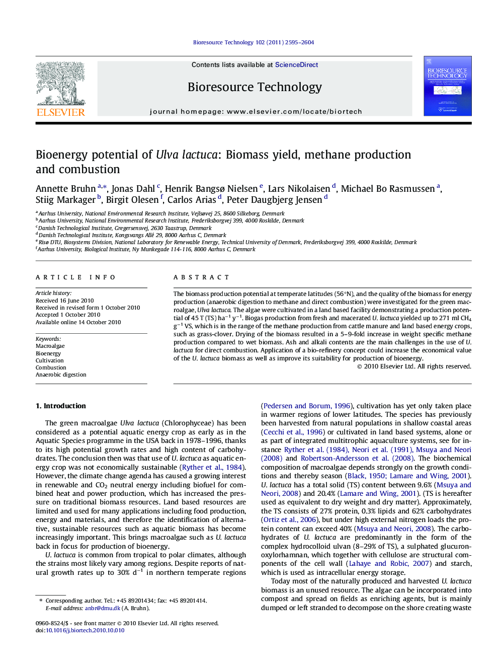 Bioenergy potential of Ulva lactuca: Biomass yield, methane production and combustion