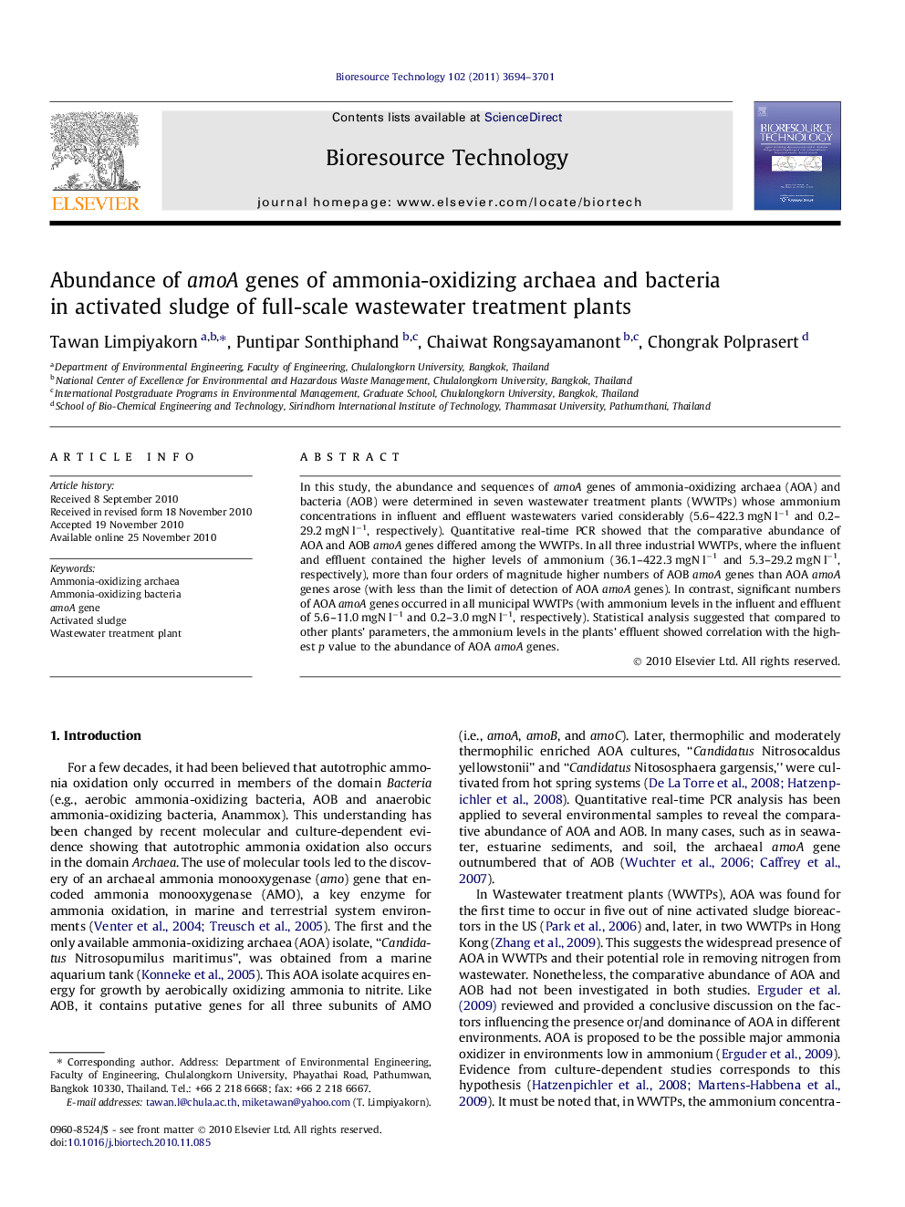 Abundance of amoA genes of ammonia-oxidizing archaea and bacteria in activated sludge of full-scale wastewater treatment plants