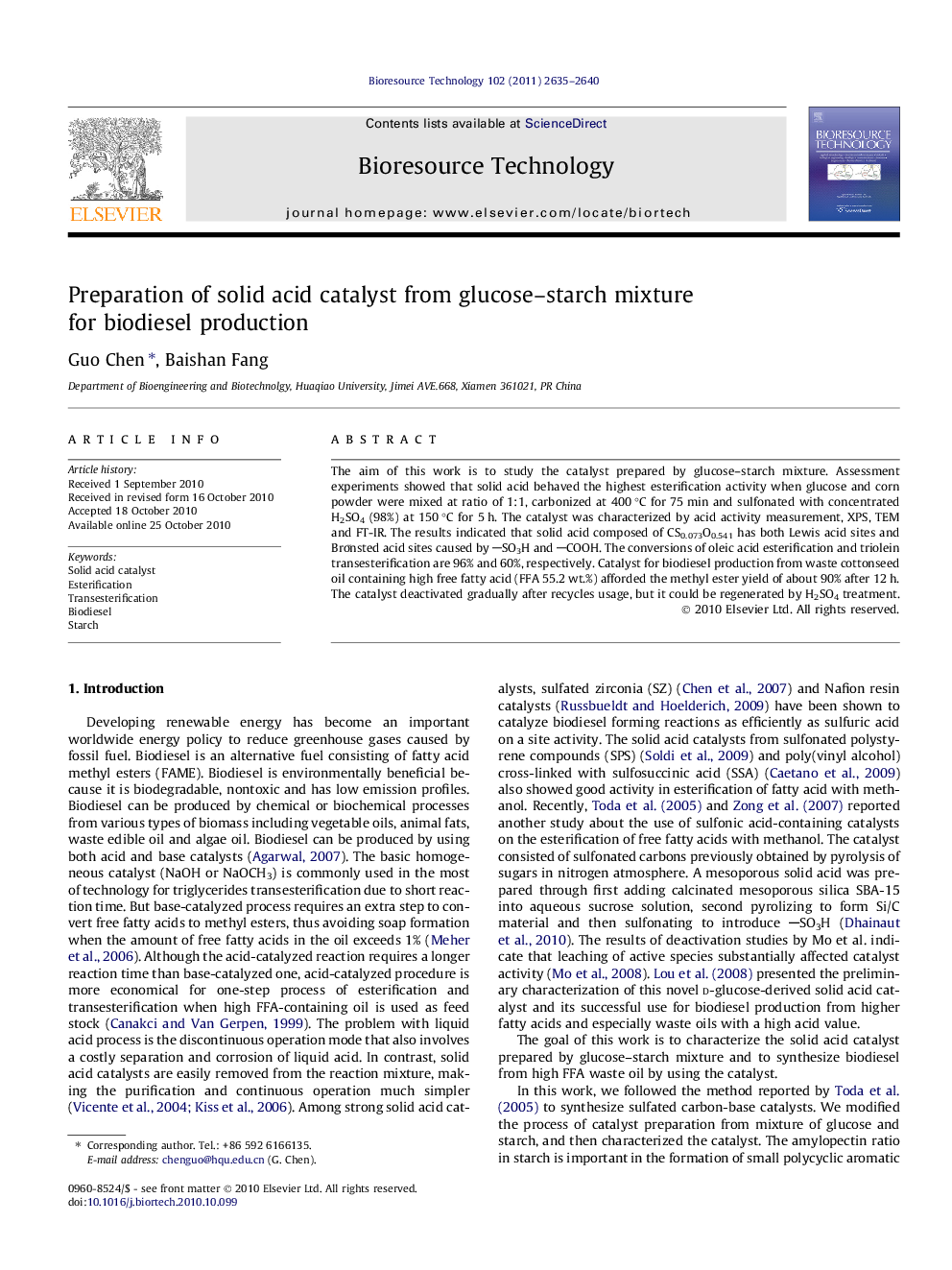 Preparation of solid acid catalyst from glucose-starch mixture for biodiesel production