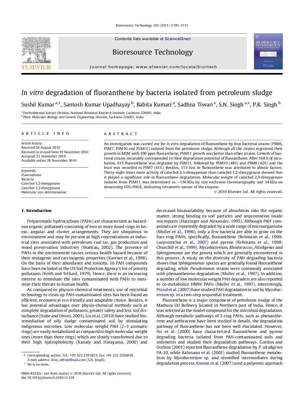 In vitro degradation of fluoranthene by bacteria isolated from petroleum sludge