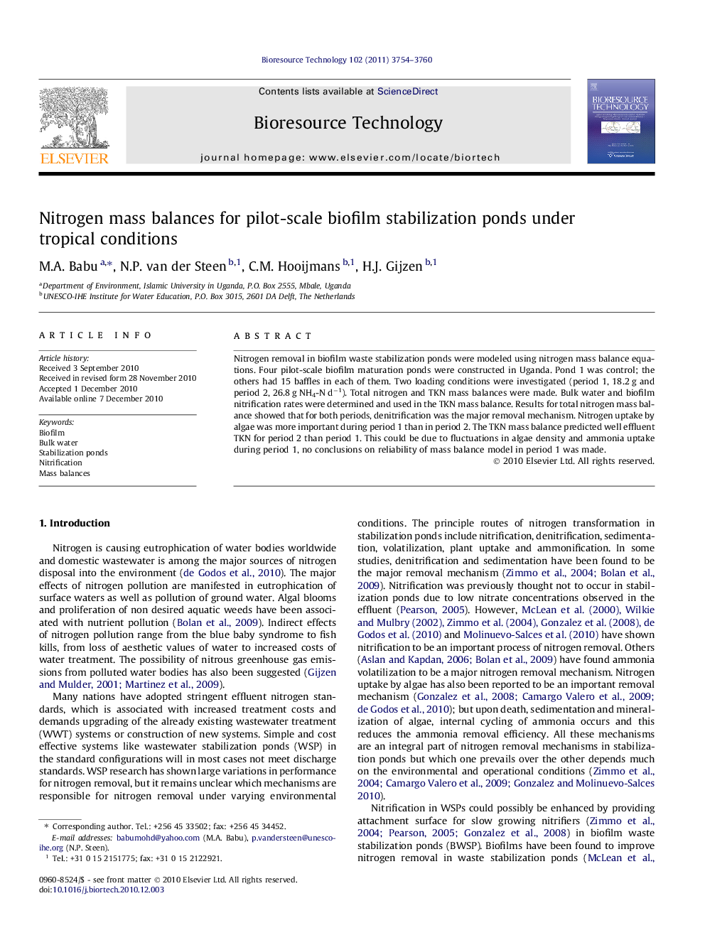 Nitrogen mass balances for pilot-scale biofilm stabilization ponds under tropical conditions