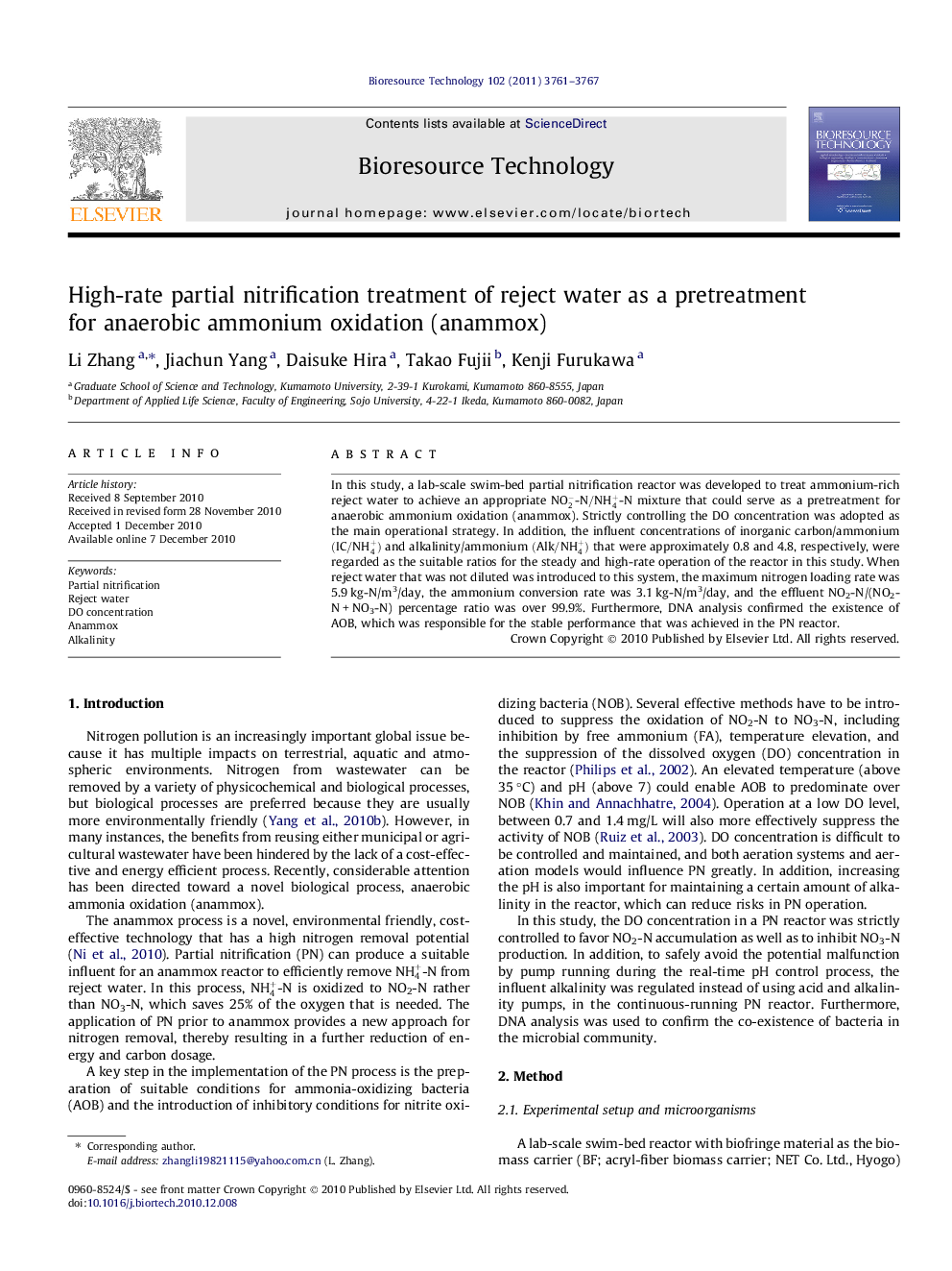 High-rate partial nitrification treatment of reject water as a pretreatment for anaerobic ammonium oxidation (anammox)