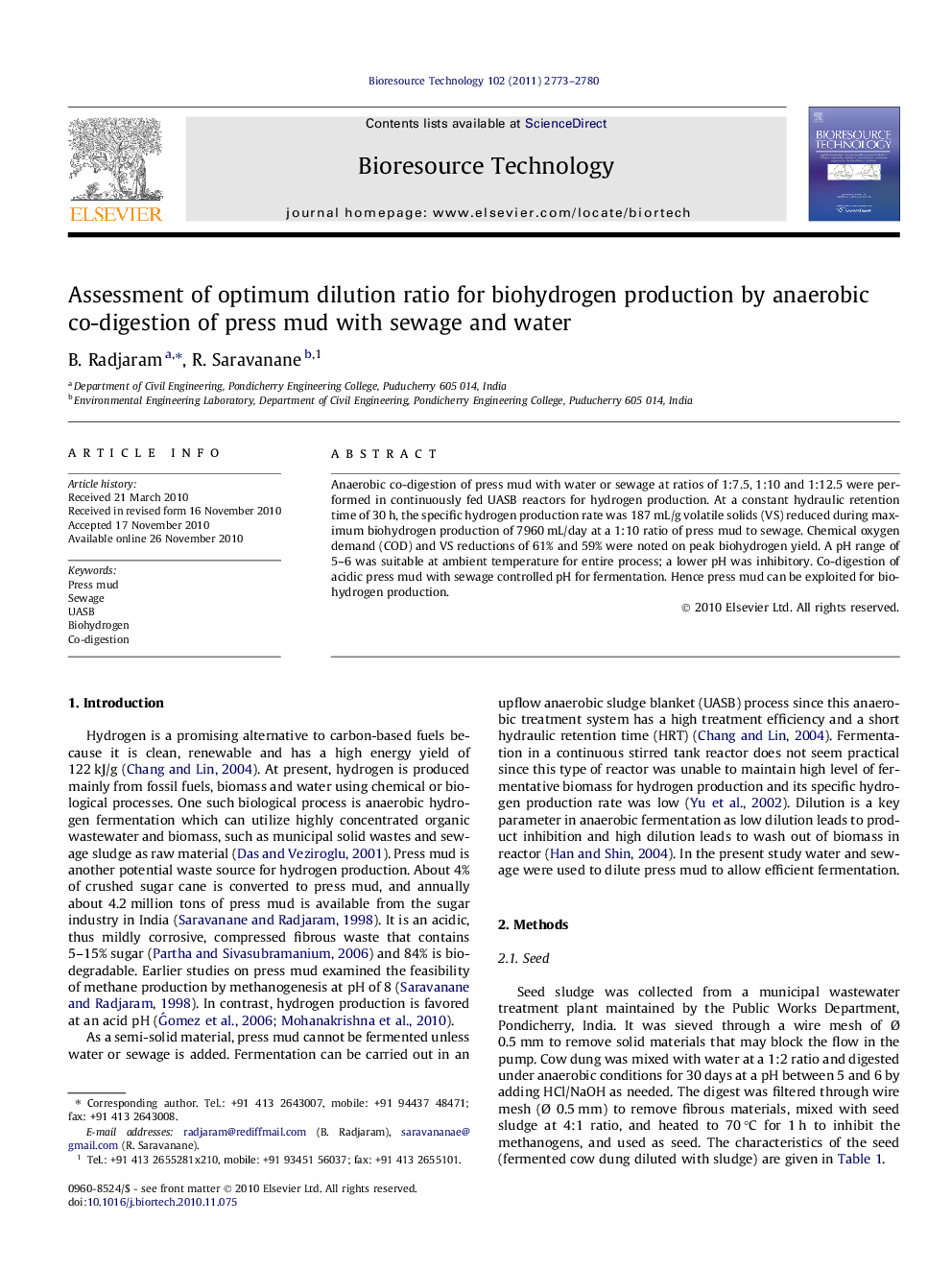 Assessment of optimum dilution ratio for biohydrogen production by anaerobic co-digestion of press mud with sewage and water