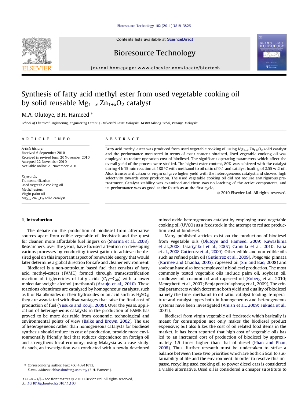 Synthesis of fatty acid methyl ester from used vegetable cooking oil by solid reusable Mg1âx Zn1+xO2 catalyst