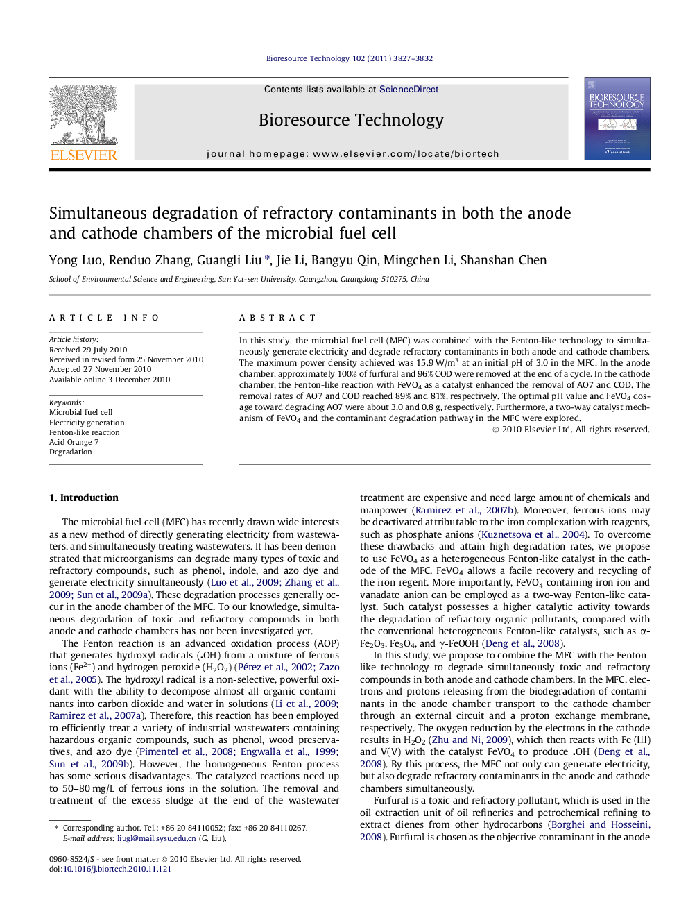 عکس صفحه اول مقاله: Simultaneous degradation of refractory contaminants in both the anode and cathode chambers of the microbial fuel cell Simultaneous degradation of refractory contaminants in both the anode and cathode chambers of the microbial fuel cell