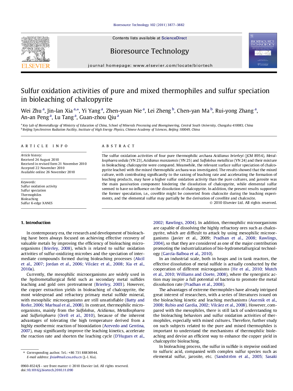 Sulfur oxidation activities of pure and mixed thermophiles and sulfur speciation in bioleaching of chalcopyrite