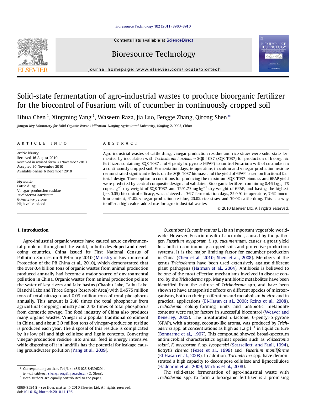 Solid-state fermentation of agro-industrial wastes to produce bioorganic fertilizer for the biocontrol of Fusarium wilt of cucumber in continuously cropped soil