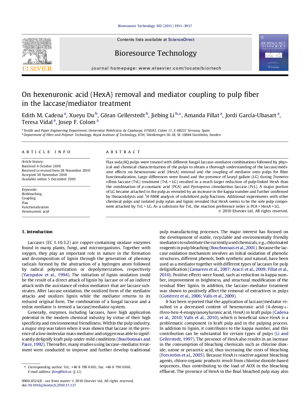 On hexenuronic acid (HexA) removal and mediator coupling to pulp fiber in the laccase/mediator treatment