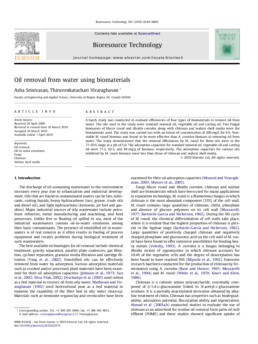 Oil removal from water using biomaterials