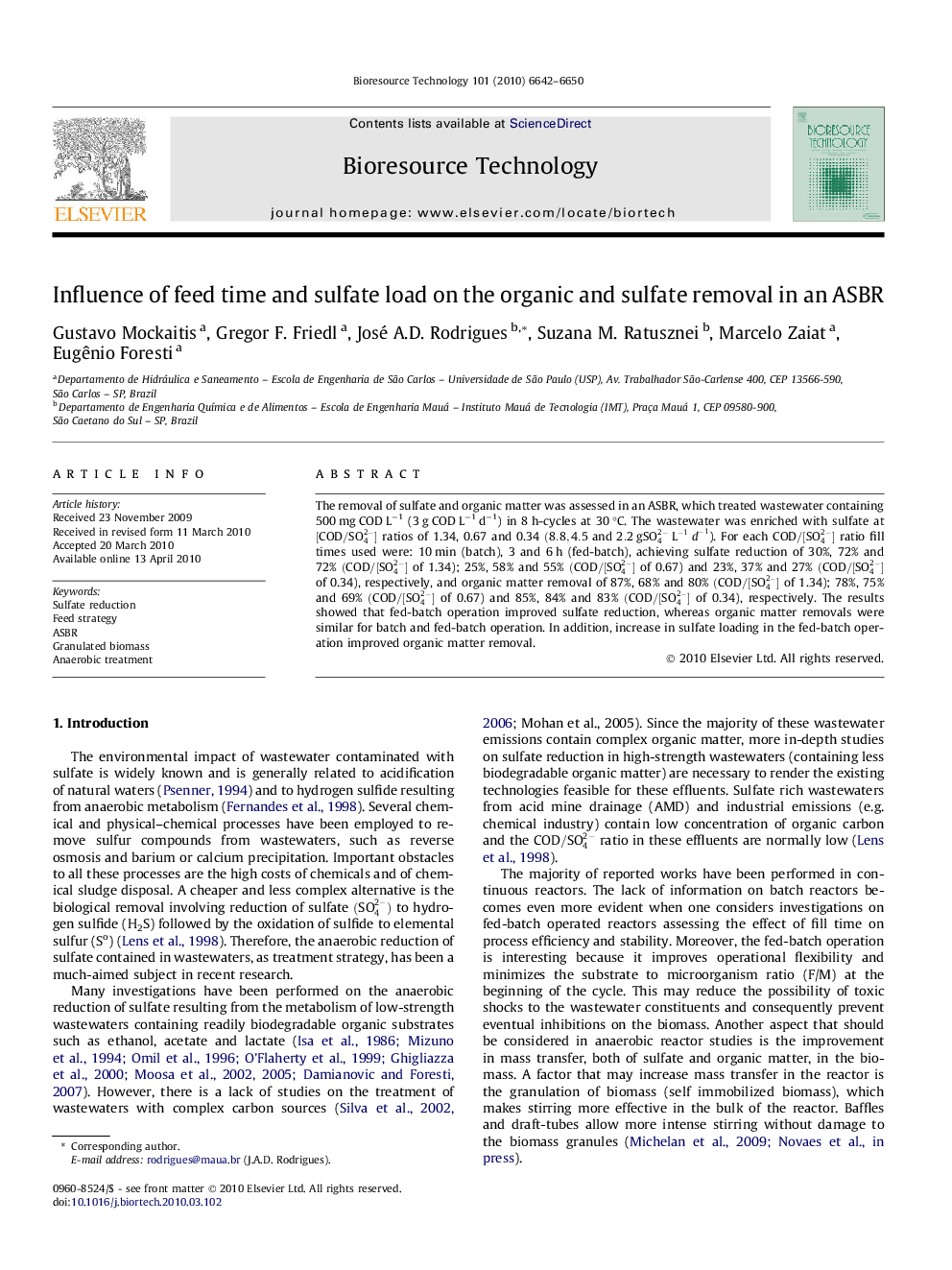 عکس صفحه اول مقاله: Influence of feed time and sulfate load on the organic and sulfate removal in an ASBR Influence of feed time and sulfate load on the organic and sulfate removal in an ASBR