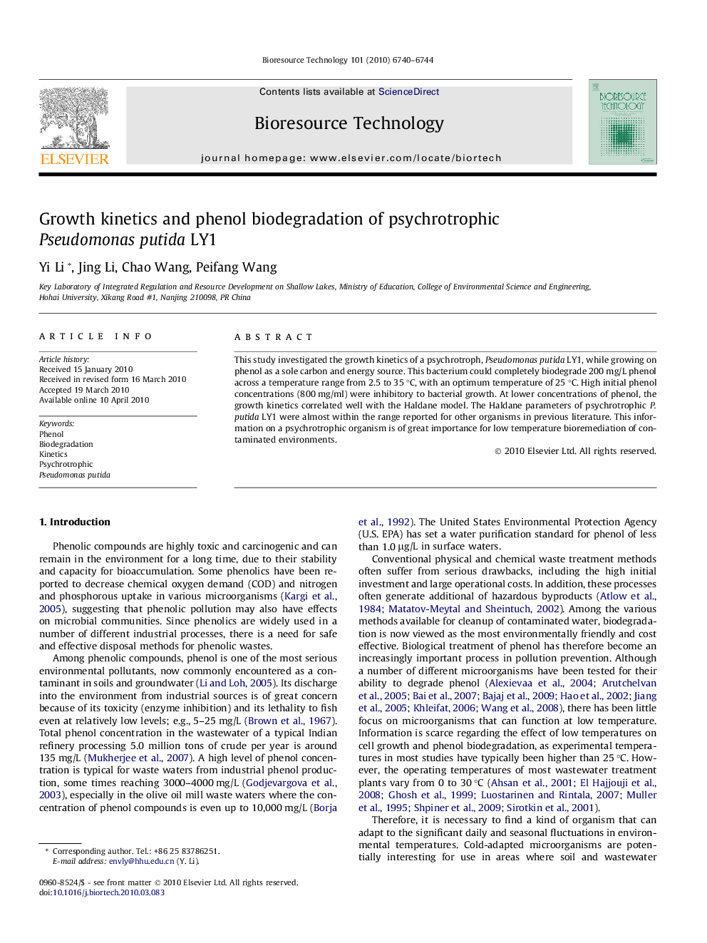 Growth kinetics and phenol biodegradation of psychrotrophic Pseudomonas putida LY1