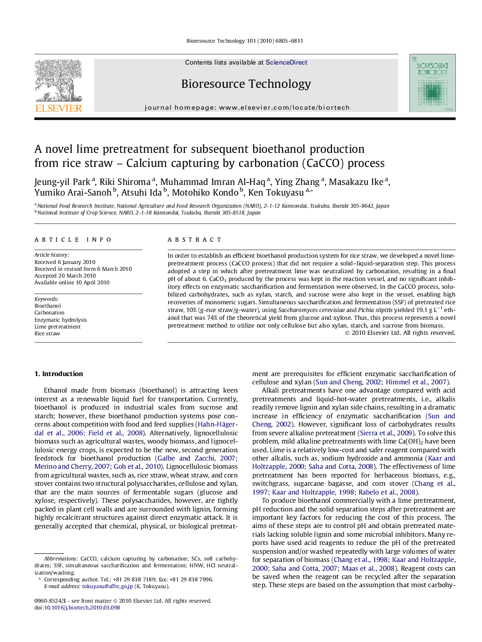 A novel lime pretreatment for subsequent bioethanol production from rice straw - Calcium capturing by carbonation (CaCCO) process