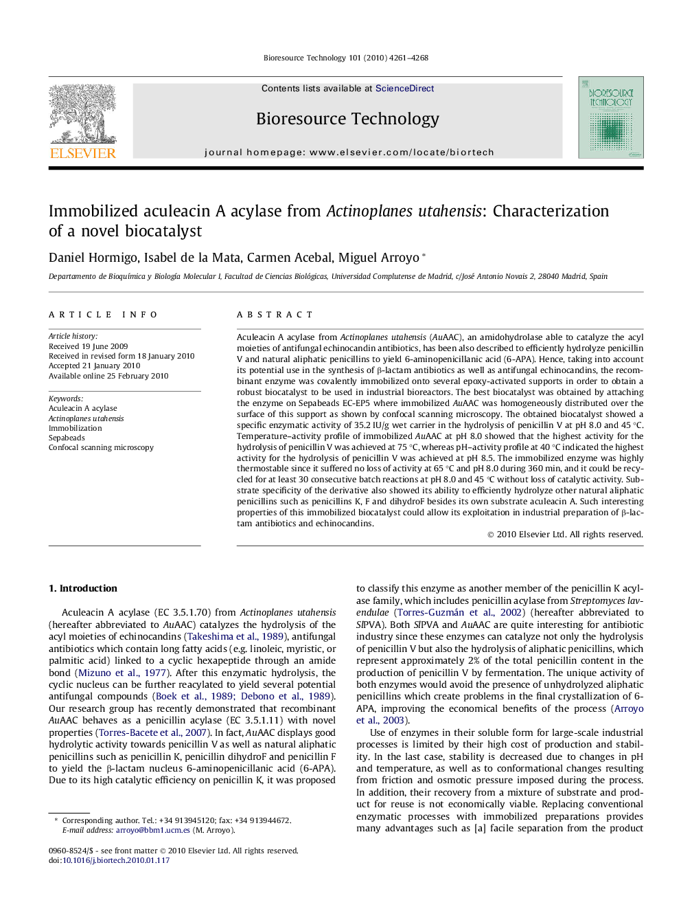 Immobilized aculeacin A acylase from Actinoplanes utahensis: Characterization of a novel biocatalyst