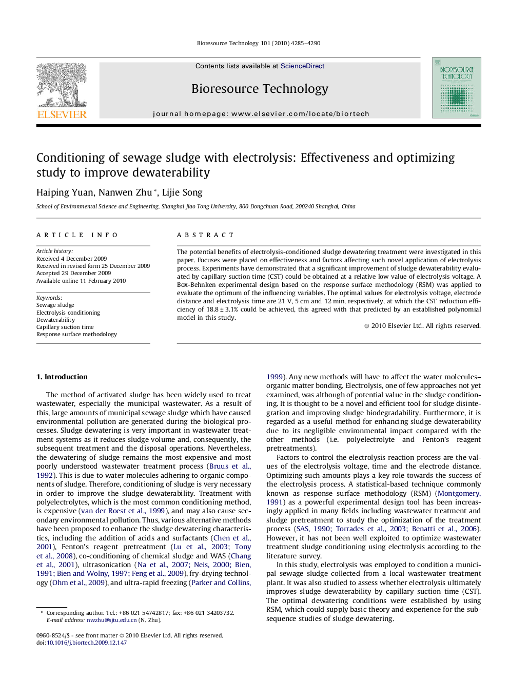 Conditioning of sewage sludge with electrolysis: Effectiveness and optimizing study to improve dewaterability