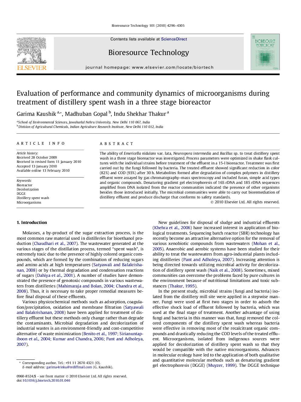 Evaluation of performance and community dynamics of microorganisms during treatment of distillery spent wash in a three stage bioreactor