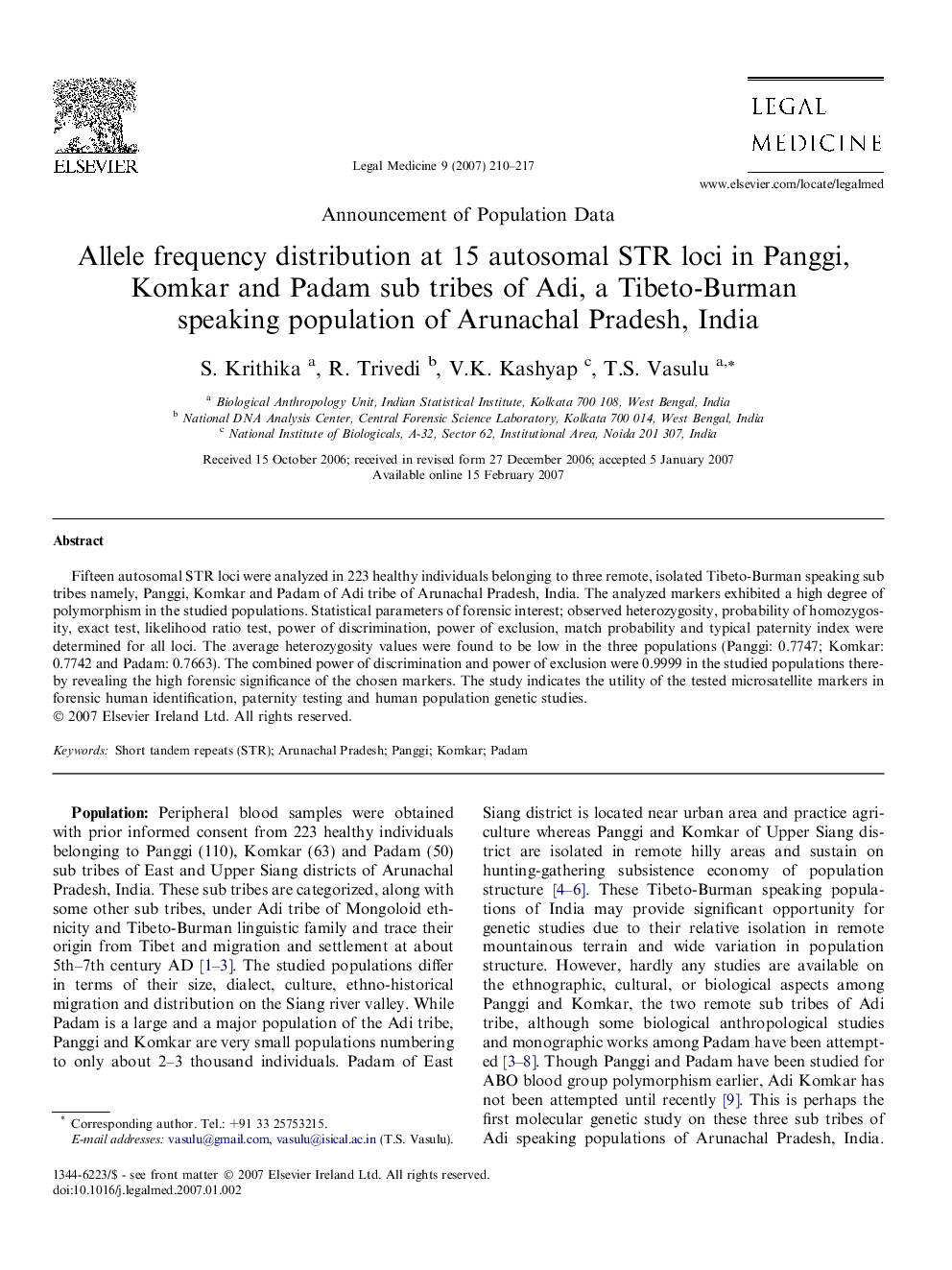 Allele frequency distribution at 15 autosomal STR loci in Panggi, Komkar and Padam sub tribes of Adi, a Tibeto-Burman speaking population of Arunachal Pradesh, India