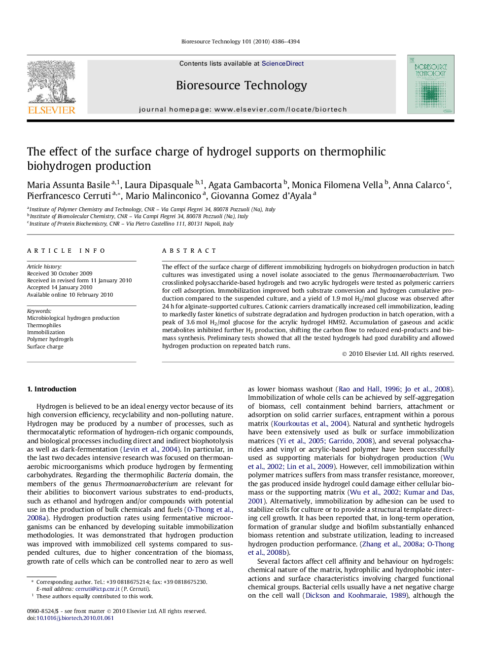 The effect of the surface charge of hydrogel supports on thermophilic biohydrogen production