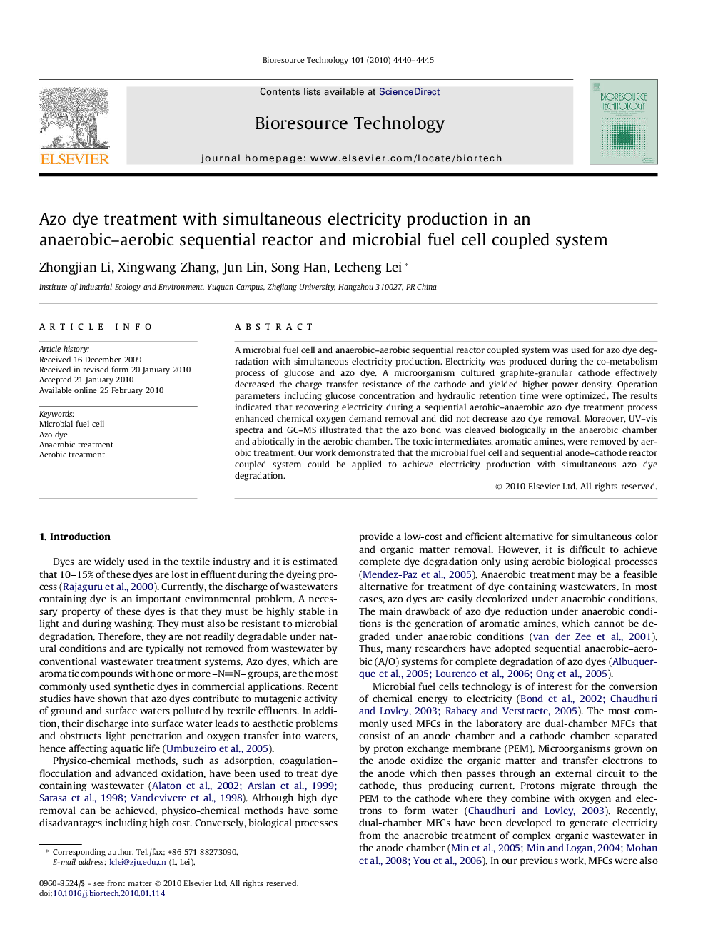 Azo dye treatment with simultaneous electricity production in an anaerobic-aerobic sequential reactor and microbial fuel cell coupled system