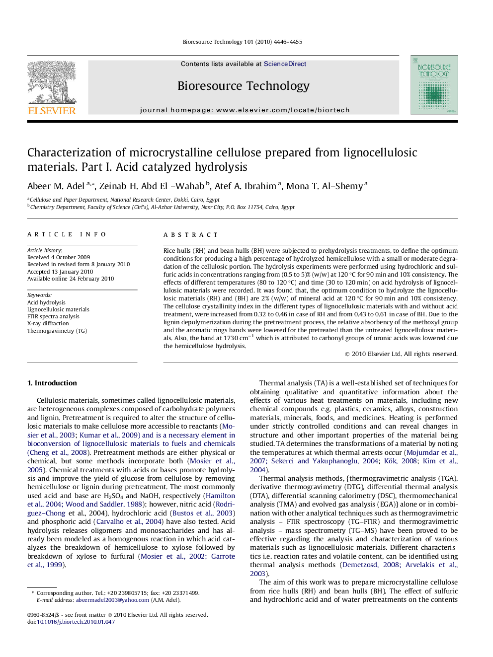 Characterization of microcrystalline cellulose prepared from lignocellulosic materials. Part I. Acid catalyzed hydrolysis