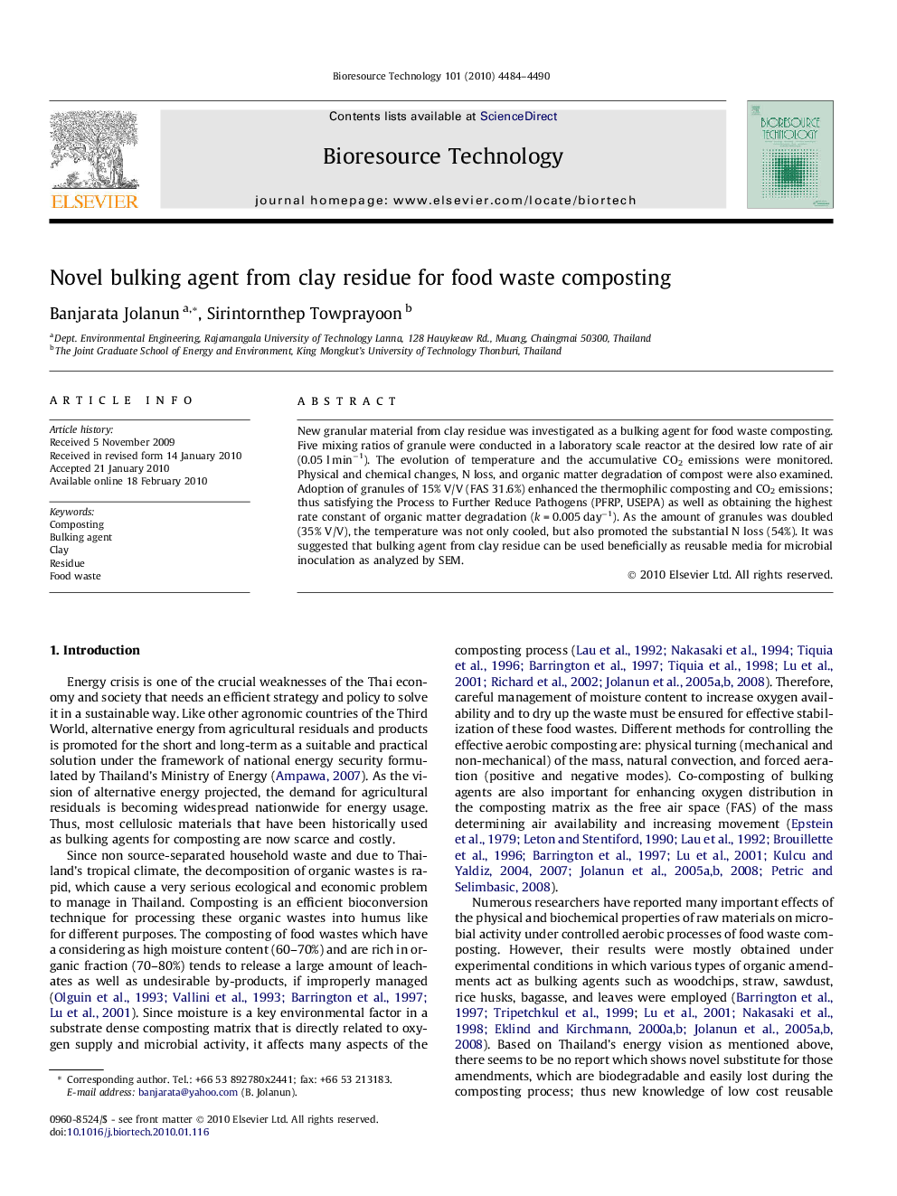 Novel bulking agent from clay residue for food waste composting