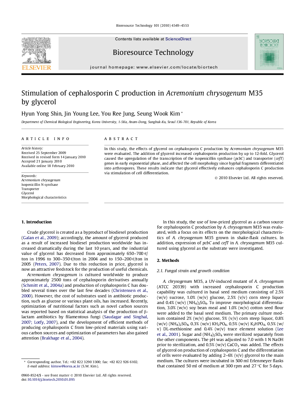 Stimulation of cephalosporin C production in Acremonium chrysogenum M35 by glycerol