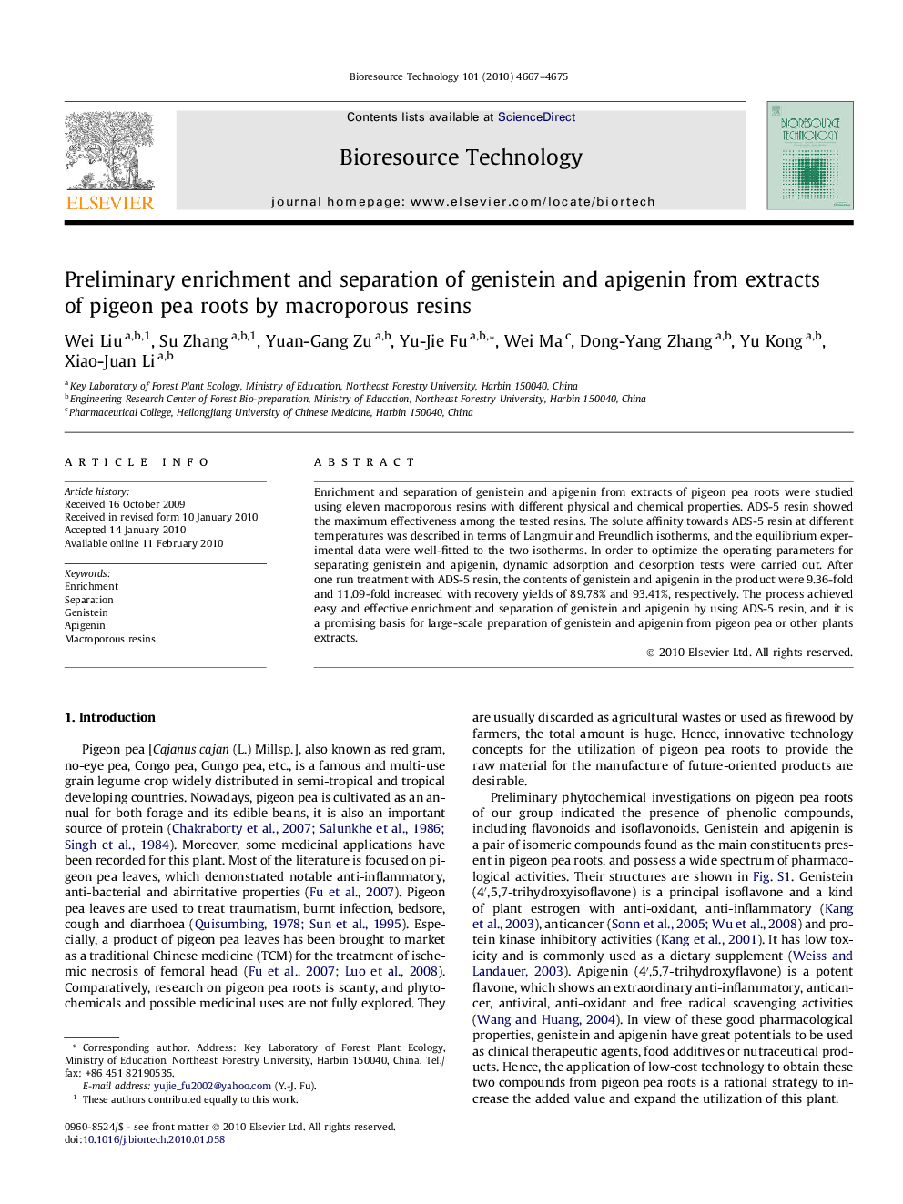 Preliminary enrichment and separation of genistein and apigenin from extracts of pigeon pea roots by macroporous resins