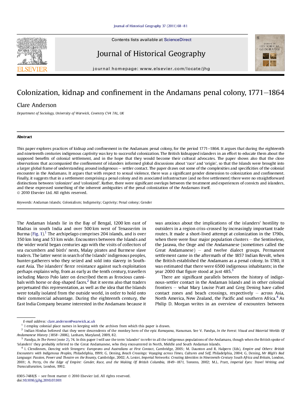 Colonization, kidnap and confinement in the Andamans penal colony, 1771–1864