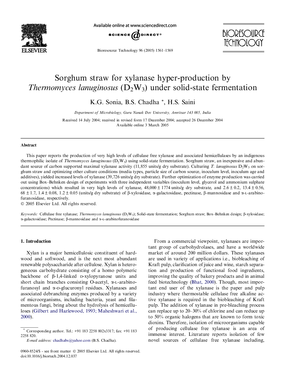 Sorghum straw for xylanase hyper-production by Thermomyces lanuginosus (D2W3) under solid-state fermentation