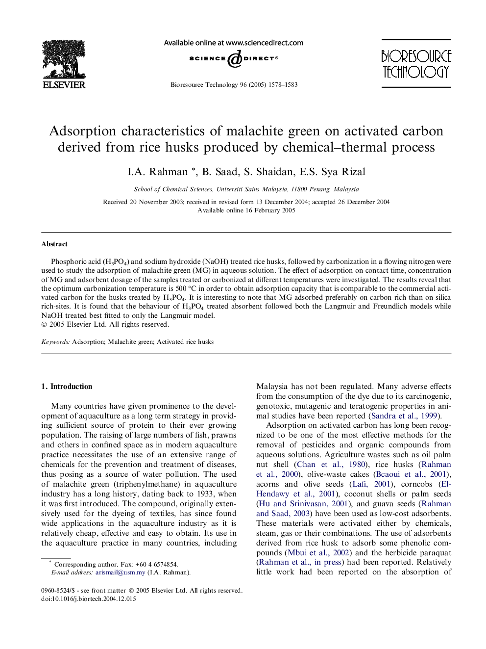 Adsorption characteristics of malachite green on activated carbon derived from rice husks produced by chemical-thermal process