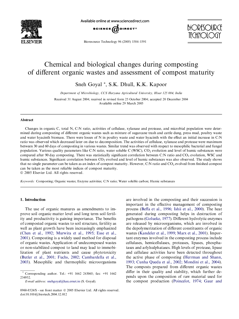 Chemical and biological changes during composting of different organic wastes and assessment of compost maturity