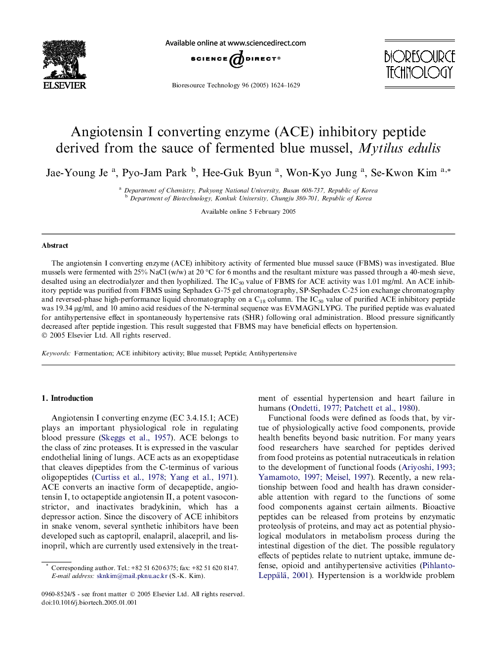 Angiotensin I converting enzyme (ACE) inhibitory peptide derived from the sauce of fermented blue mussel, Mytilus edulis