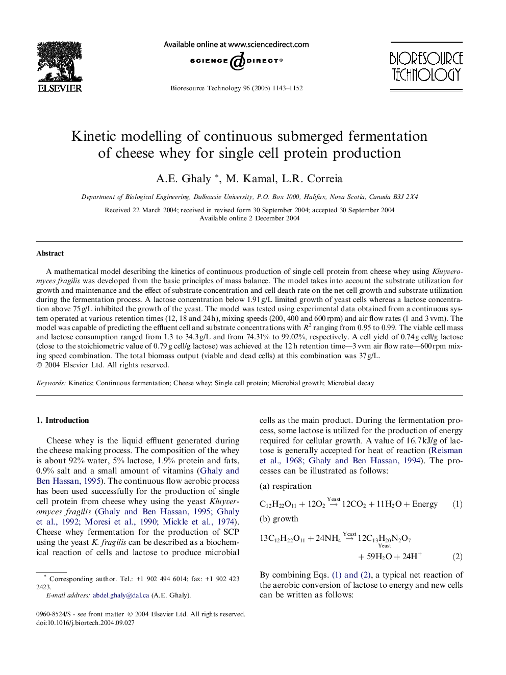 Kinetic modelling of continuous submerged fermentation of cheese whey for single cell protein production