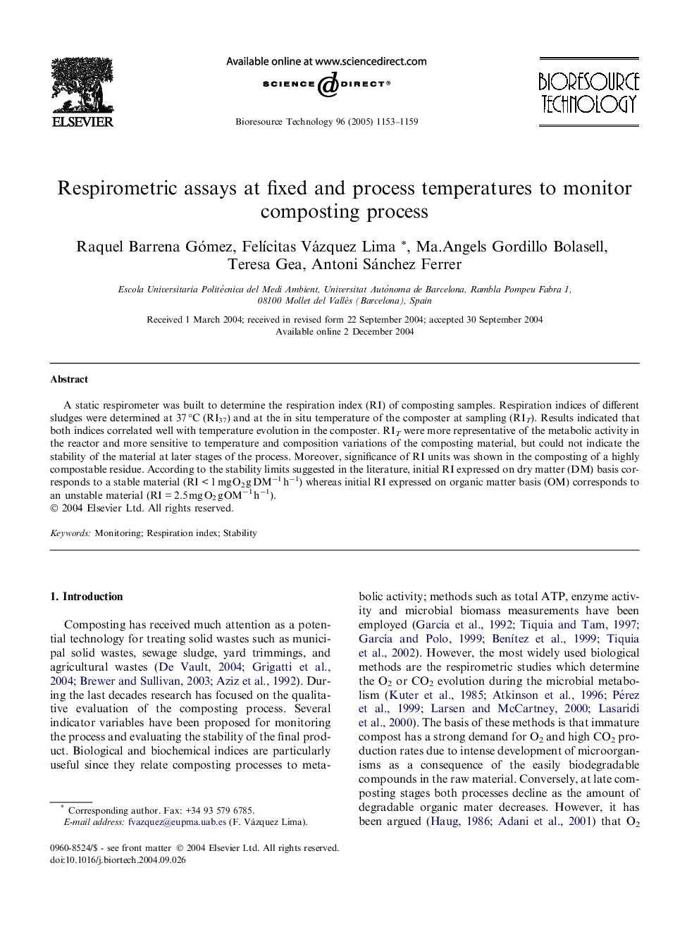 Respirometric assays at fixed and process temperatures to monitor composting process