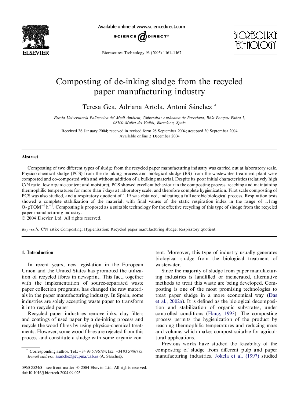 Composting of de-inking sludge from the recycled paper manufacturing industry
