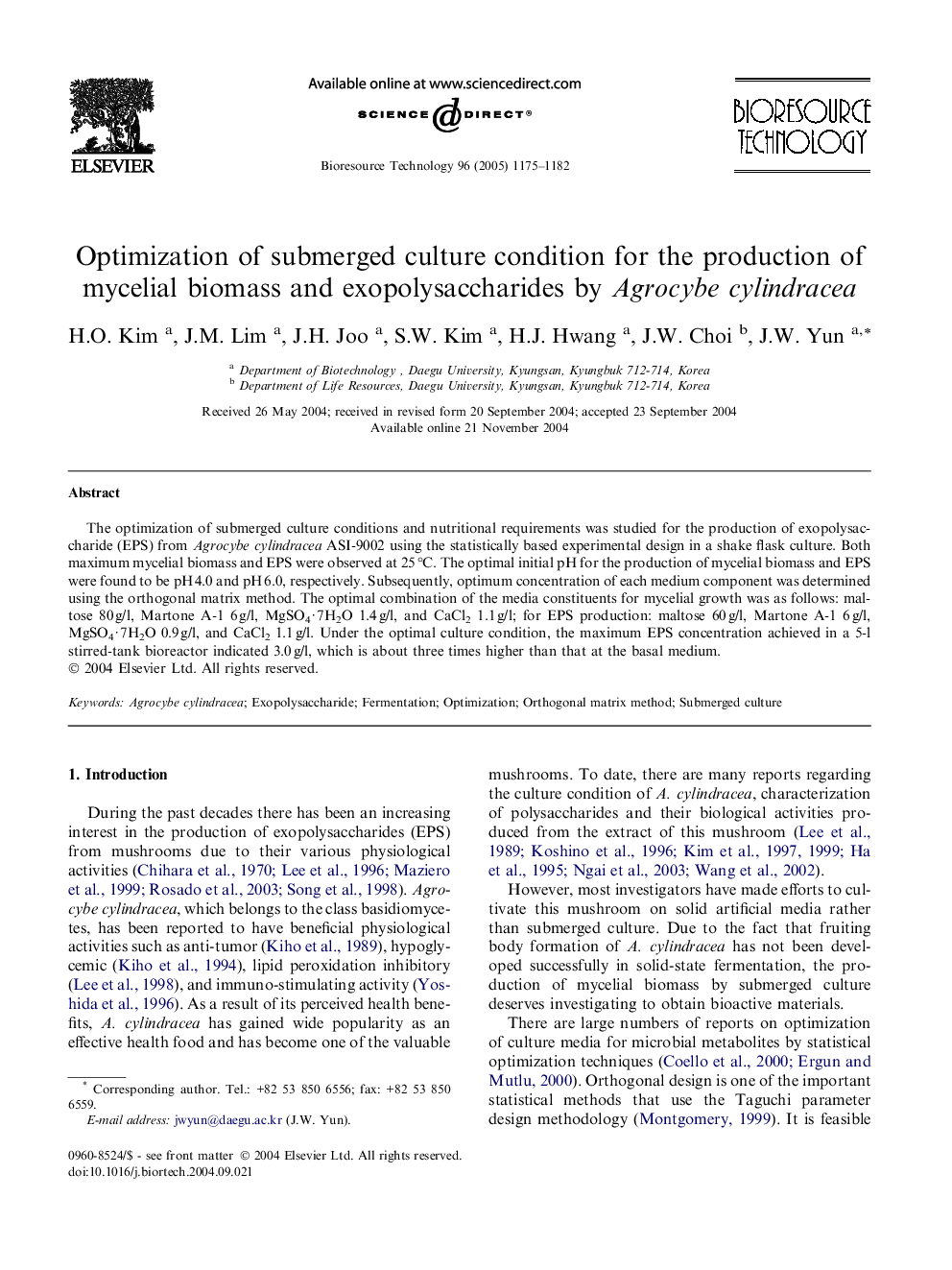 Optimization of submerged culture condition for the production of mycelial biomass and exopolysaccharides by Agrocybe cylindracea