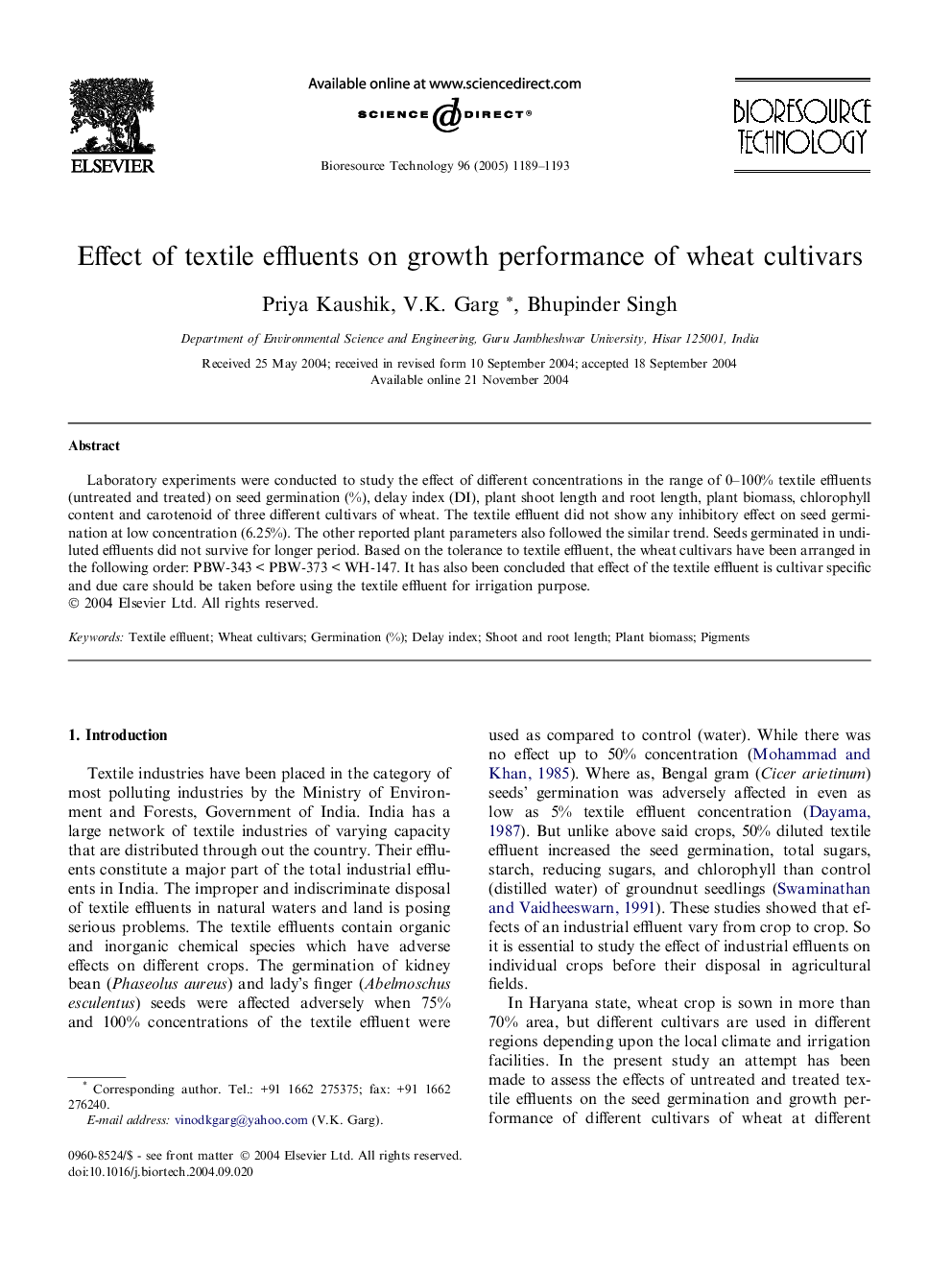 Effect of textile effluents on growth performance of wheat cultivars