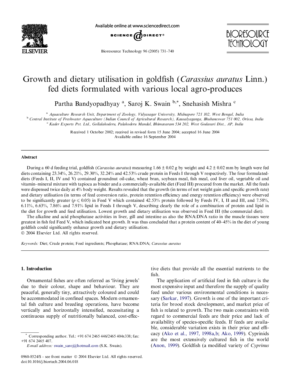 Growth and dietary utilisation in goldfish (Carassius auratus Linn.) fed diets formulated with various local agro-produces