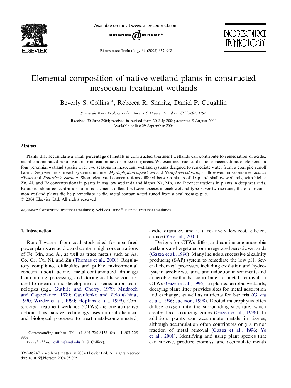 Elemental composition of native wetland plants in constructed mesocosm treatment wetlands