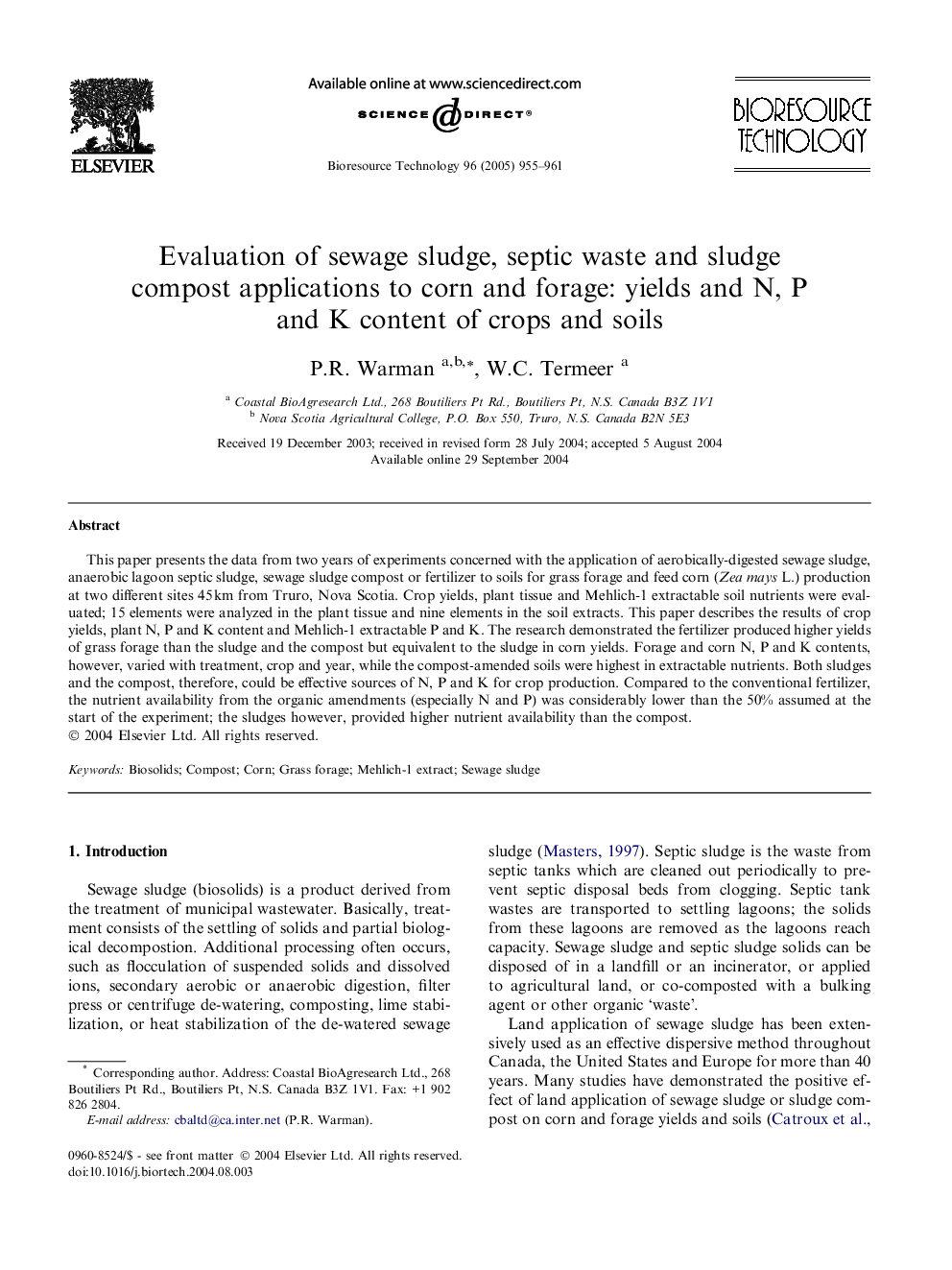 Evaluation of sewage sludge, septic waste and sludge compost applications to corn and forage: yields and N, P and K content of crops and soils