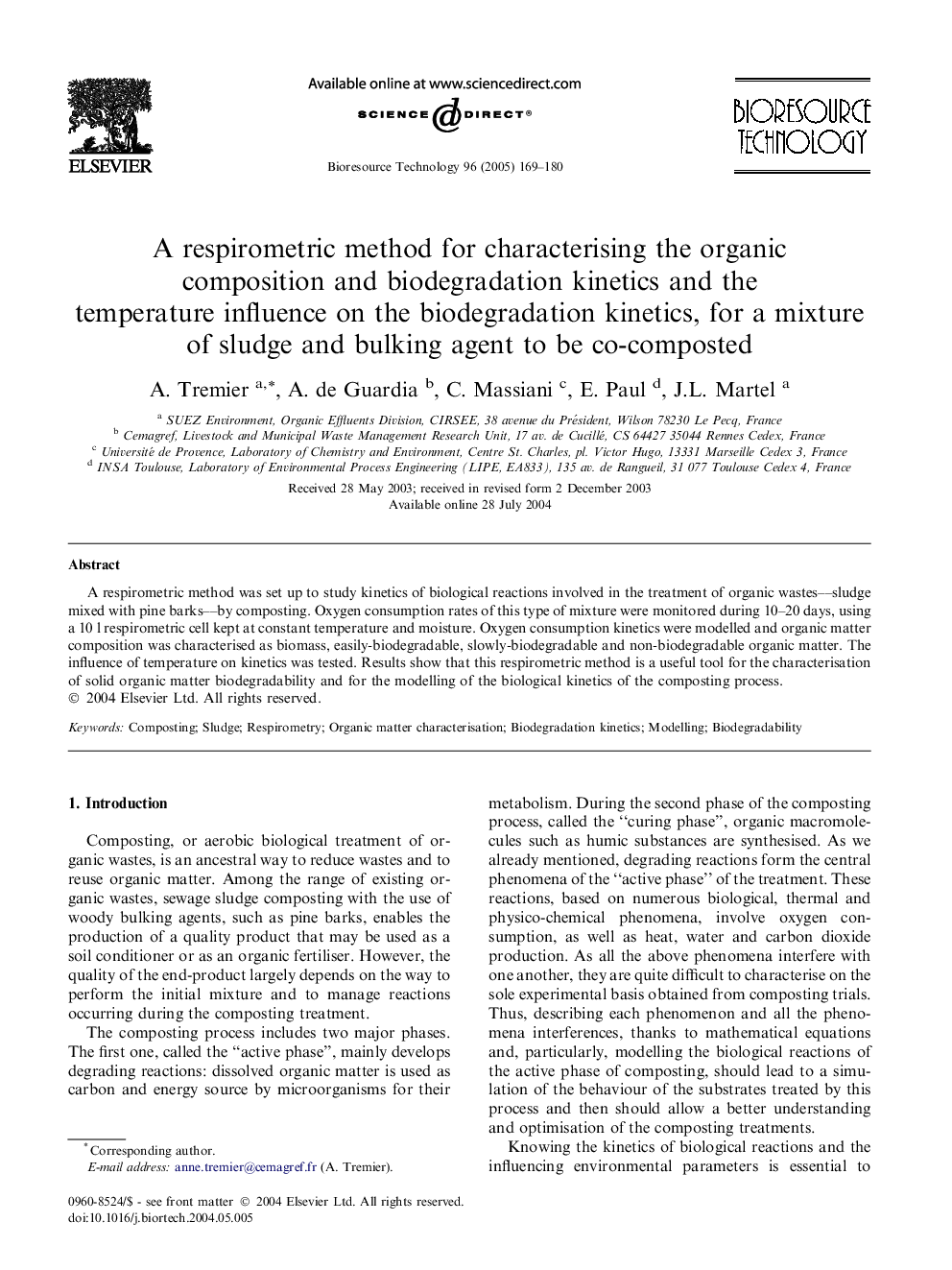 A respirometric method for characterising the organic composition and biodegradation kinetics and the temperature influence on the biodegradation kinetics, for a mixture of sludge and bulking agent to be co-composted