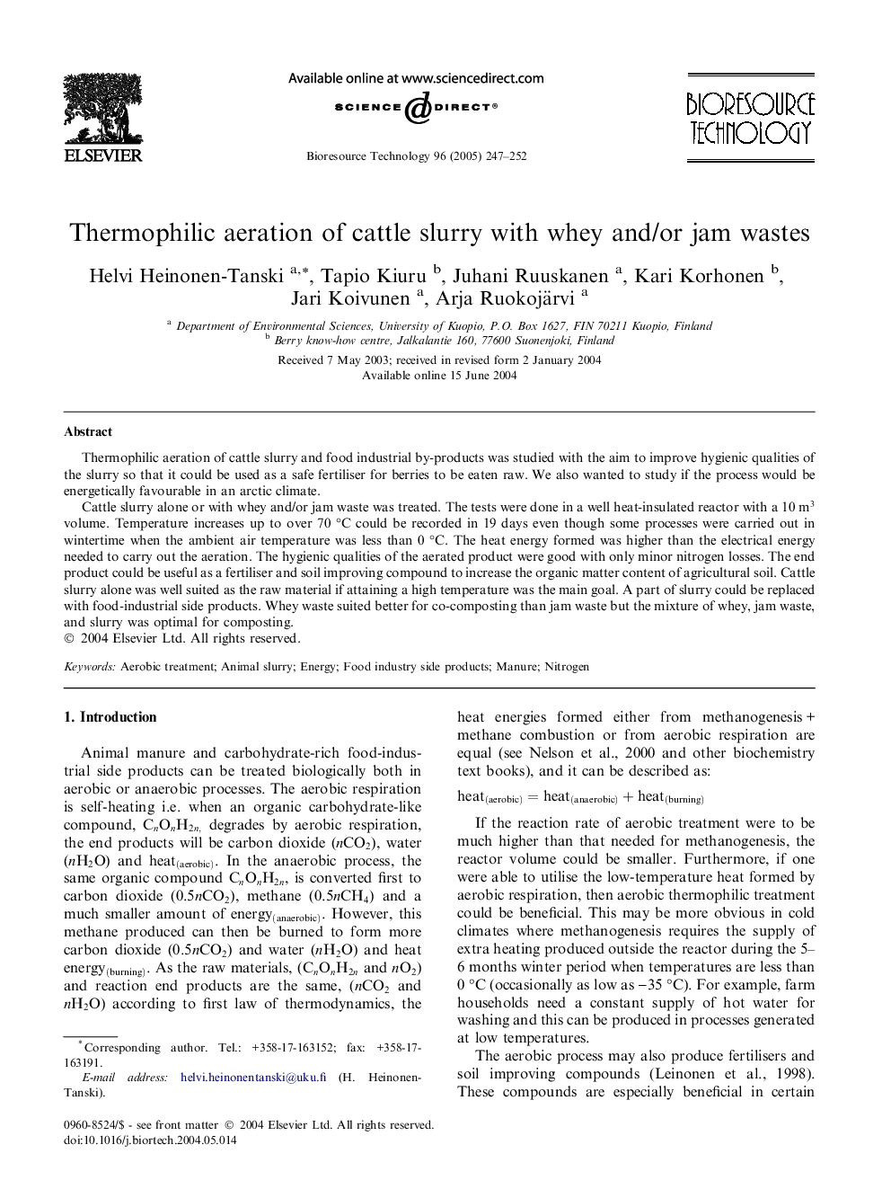 Thermophilic aeration of cattle slurry with whey and/or jam wastes