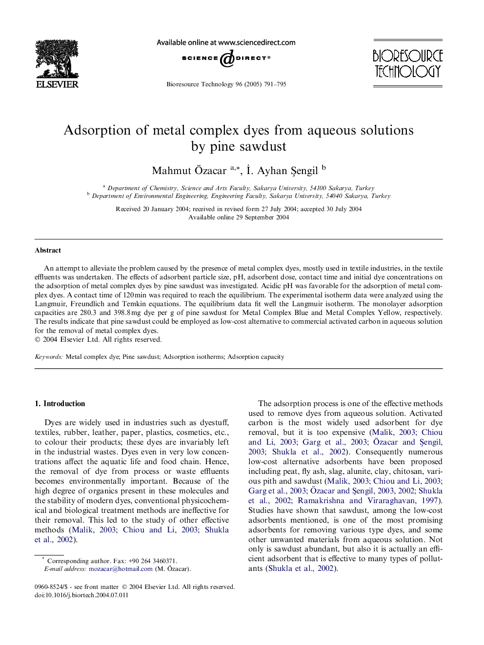 Adsorption of metal complex dyes from aqueous solutions by pine sawdust