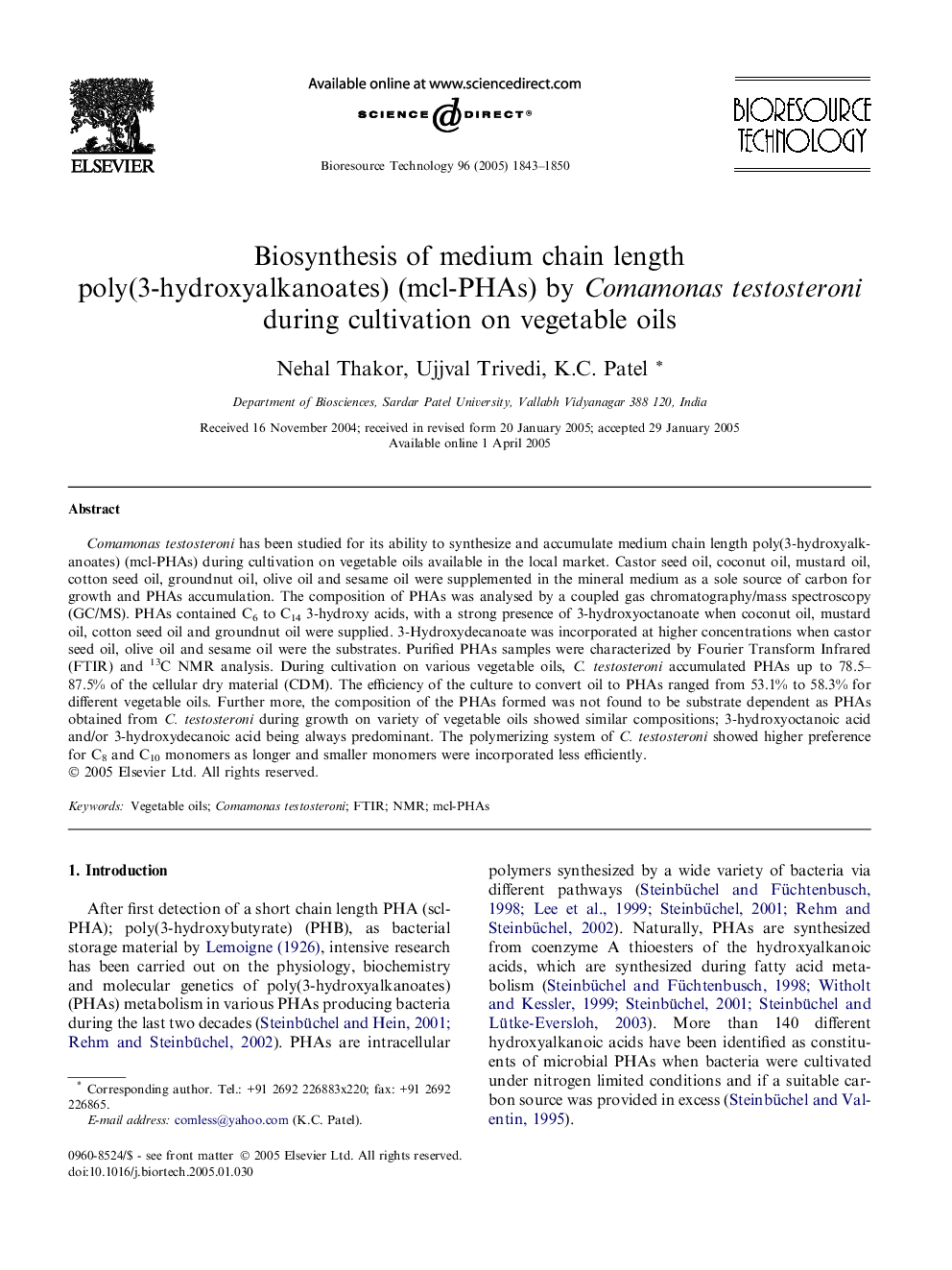 Biosynthesis of medium chain length poly(3-hydroxyalkanoates) (mcl-PHAs) by Comamonas testosteroni during cultivation on vegetable oils