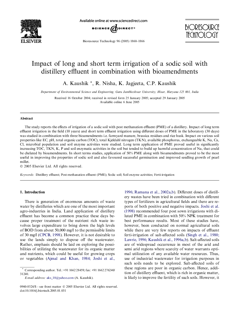 Impact of long and short term irrigation of a sodic soil with distillery effluent in combination with bioamendments