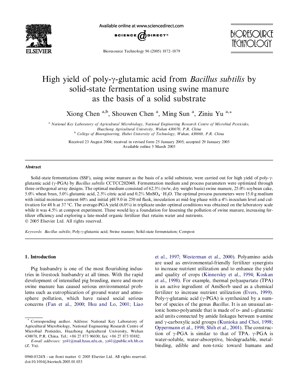 High yield of poly-Î³-glutamic acid from Bacillus subtilis by solid-state fermentation using swine manure as the basis of a solid substrate