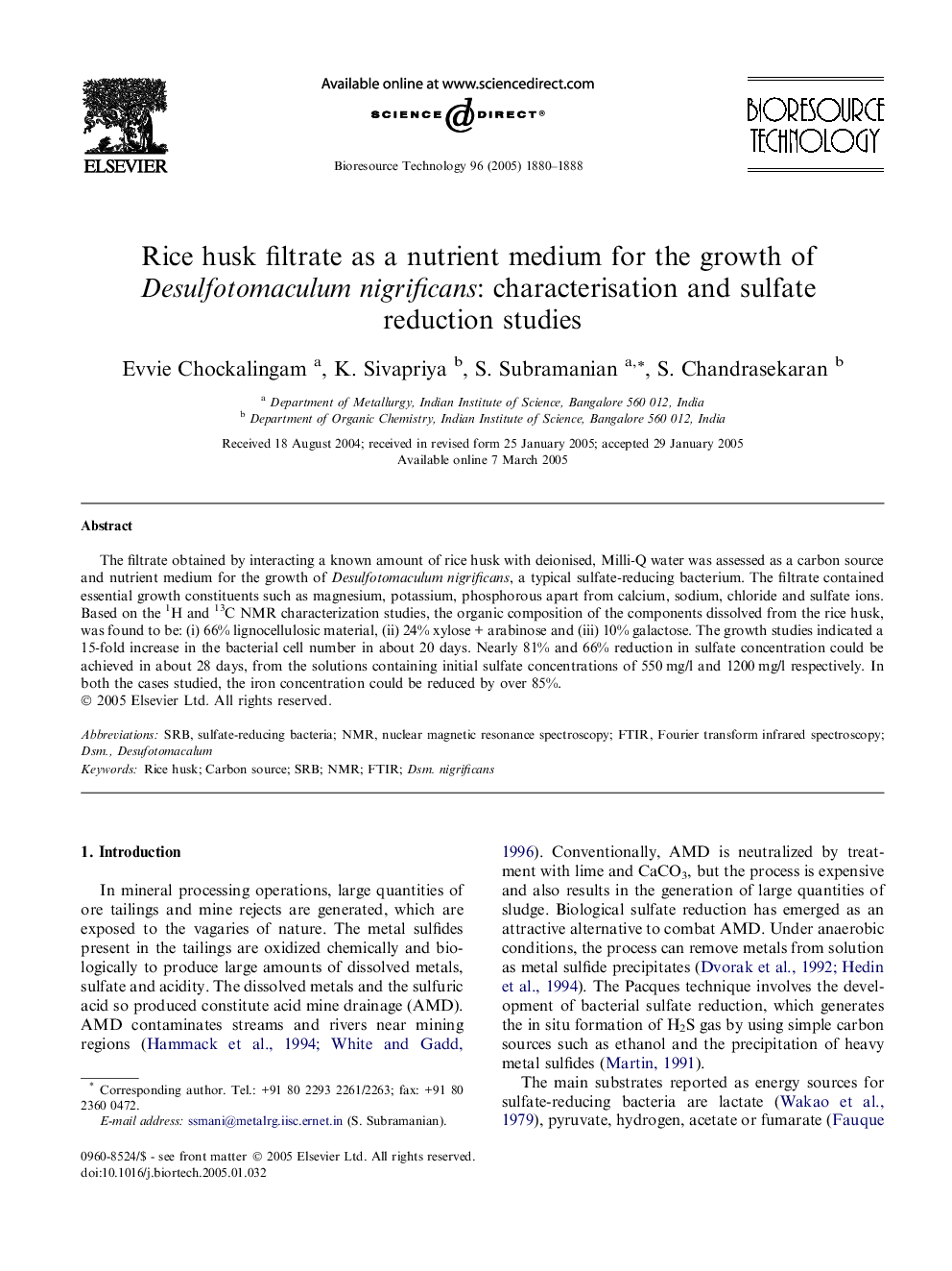 Rice husk filtrate as a nutrient medium for the growth of Desulfotomaculum nigrificans: characterisation and sulfate reduction studies