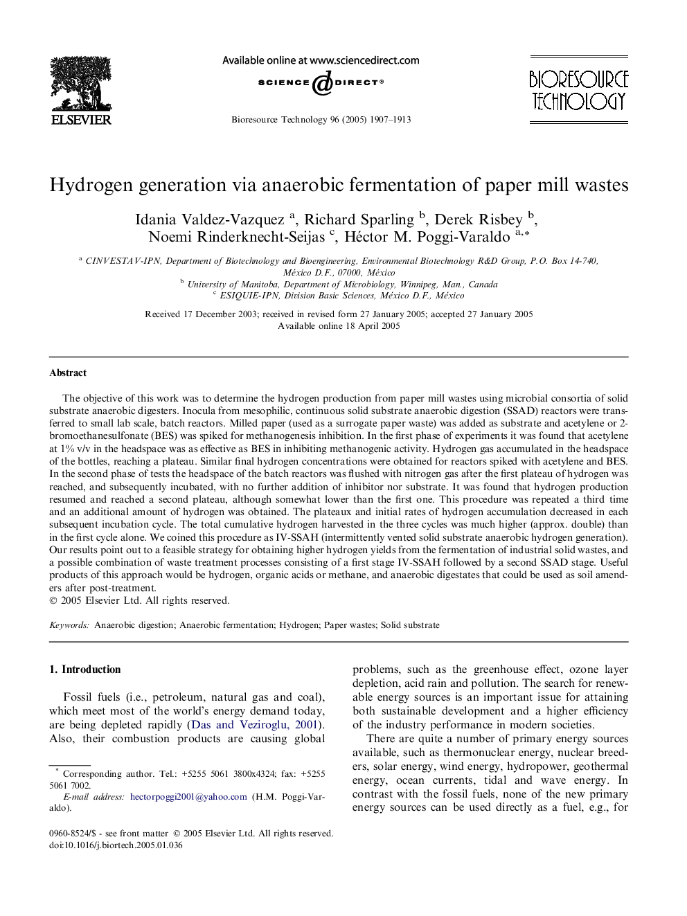 Hydrogen generation via anaerobic fermentation of paper mill wastes