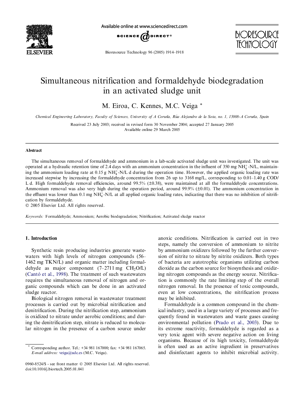 Simultaneous nitrification and formaldehyde biodegradation in an activated sludge unit