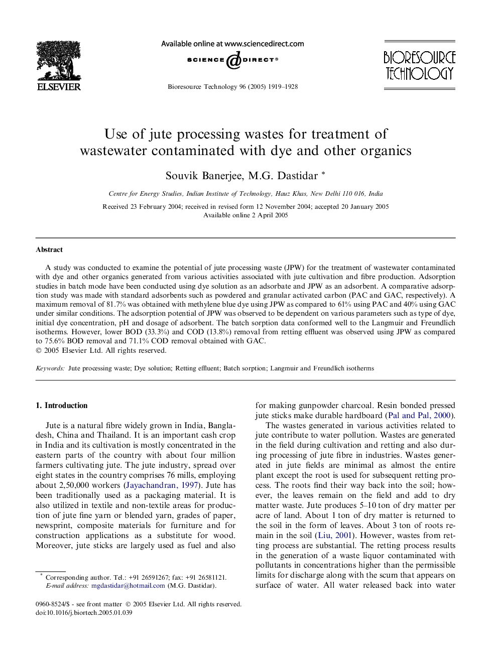 Use of jute processing wastes for treatment of wastewater contaminated with dye and other organics